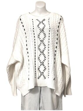 DKNY Long Sleeve Cable-knit Faux Leather Ribbon Embroidered Crewneck Sweater XL